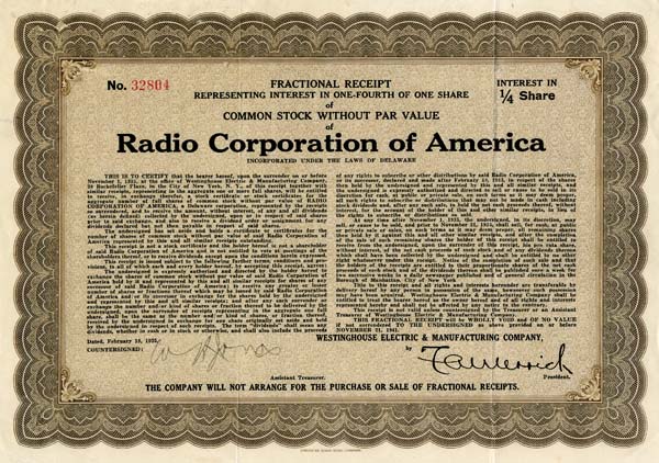 Radio Corporation of America - RCA - Stock Certificate